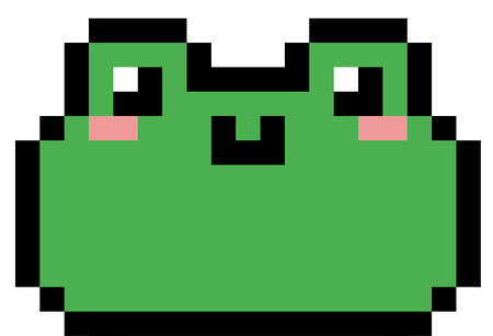 A pixelated green frog with pink blush, sitting.